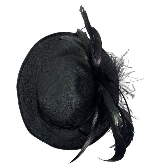 VTG Mr Charles Black Straw Hat w/ Elegant Feather Accent Satin Band Fancy Derby - Picture 3 of 6